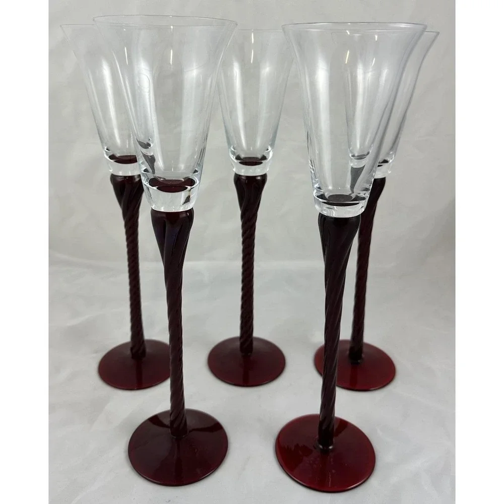 Bombay Wine Glasses Tall Twisted Ruby Red Stem 13